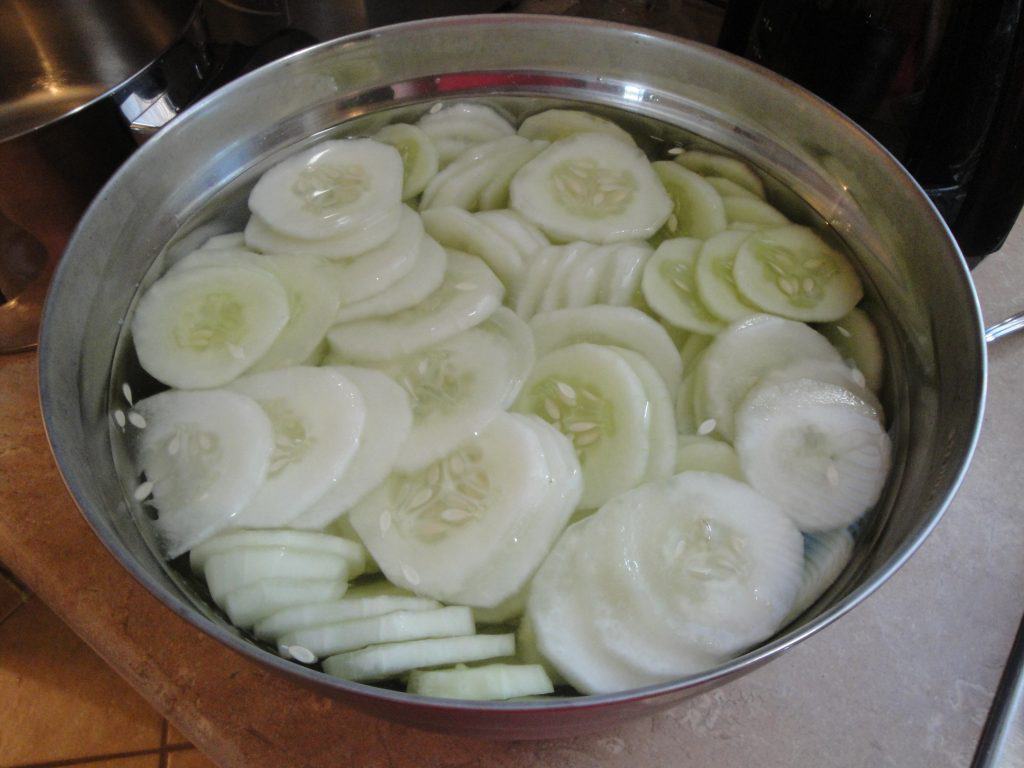 bowel of cut-up, clean cucumbers for cooking and canning.