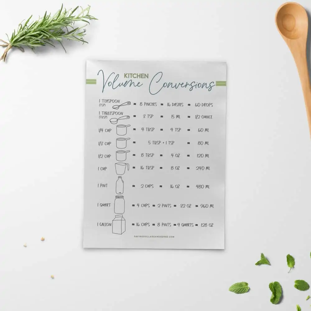 Free printable kitchen conversion measurement chart.