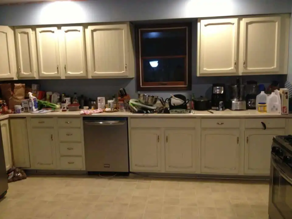 Kitchen counter full of food for making freezer meals.