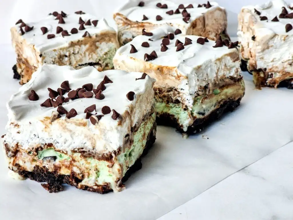 Four squares of mint chocolate ice cream topped with chocolate chips.