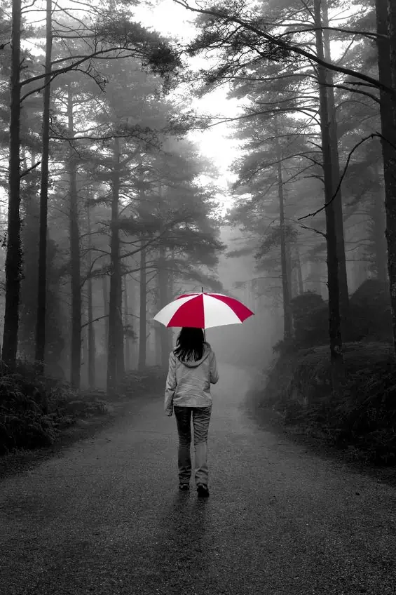 A woman walking in the rain holding an umbrella