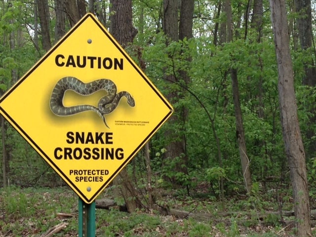 A sign in front of a wooded area