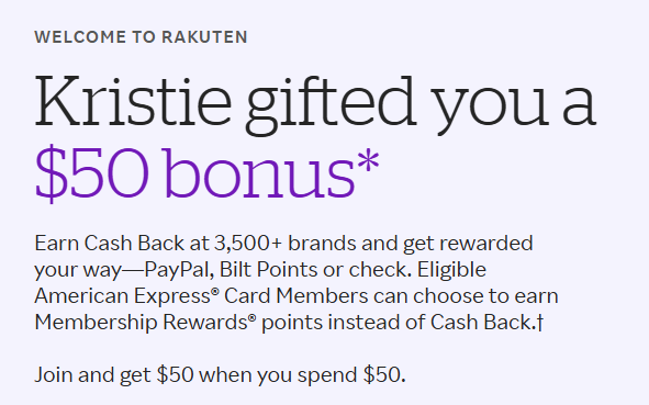 New members spend $50 to get a $50 bonus, plus cash back or rewards with Rakuten.