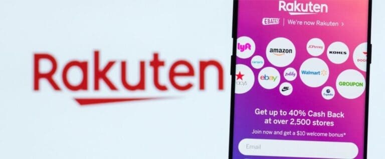 A smartphone shows the Rakuten app with up to 40% cashback offers and the Rakuten logo behind.