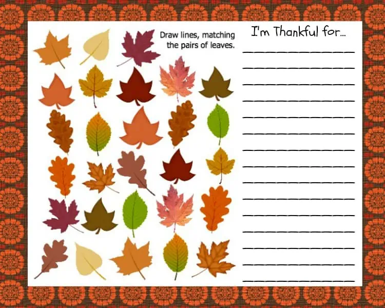 Kids Thanksgiving place mat with list to write blessings and gratitude.