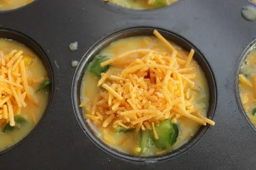Shredded cheese on top of omelet mixture.