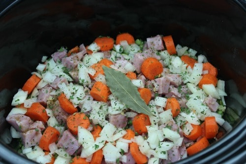 Crock pot of Split Pea Soup with Ham 