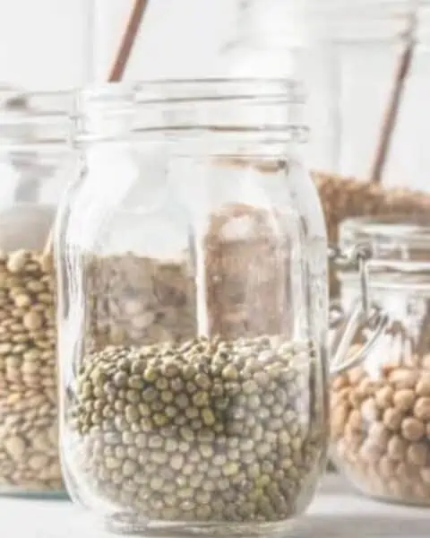 A group of mason jars with different seeds.