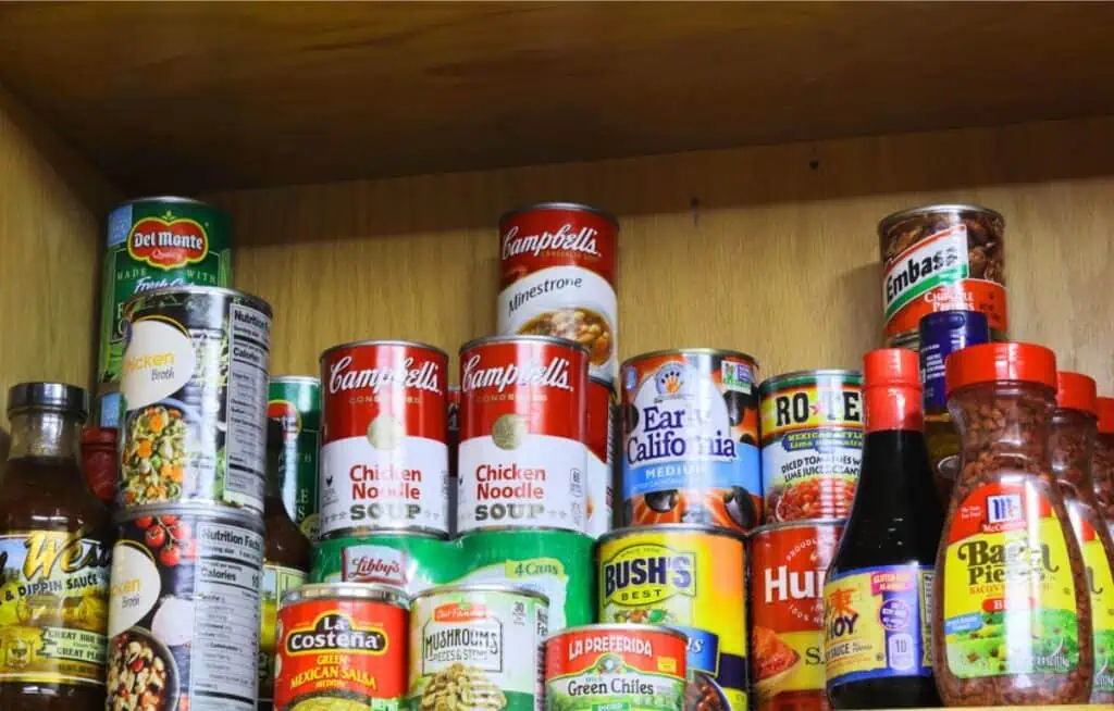 A pantry shelf, expertly illustrating how to build a stockpile, brims with an array of canned goods and sauces, featuring Campbell's soup, tomato sauce, beans, and essential condiments.