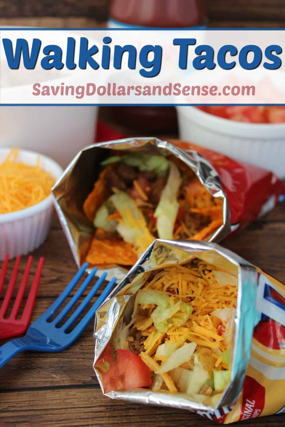 This Walking Tacos recipe is such a nice and easy idea for any party.Just pick up a bunch of snack sized bags of Doritos or Fritos and add a few other toppings for your guests to choose from.I love that each person has the ability to customize their own Walking Tacos!