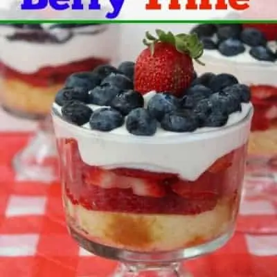 Red, white, and blue berry trifle with strawberries and blueberries.