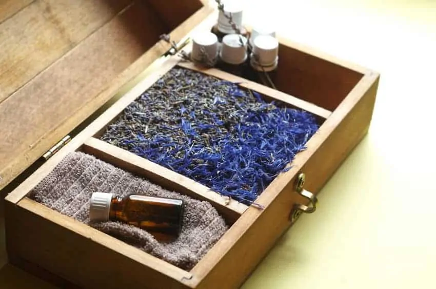 Wooden box of essential oils.