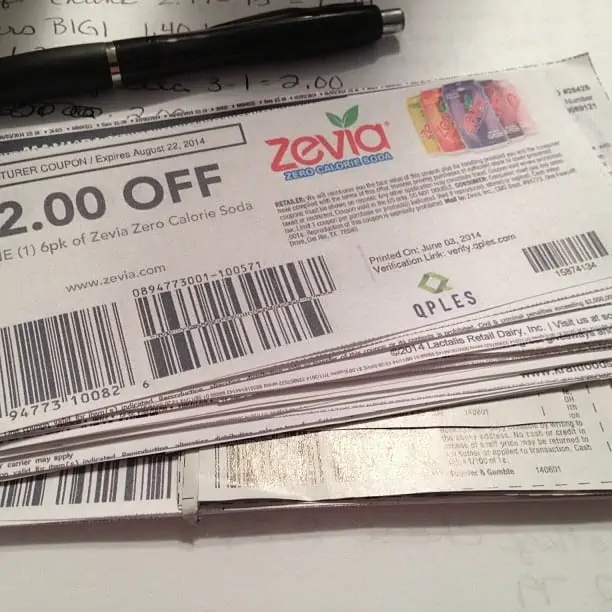 A stack of coupons from the Sunday paper.