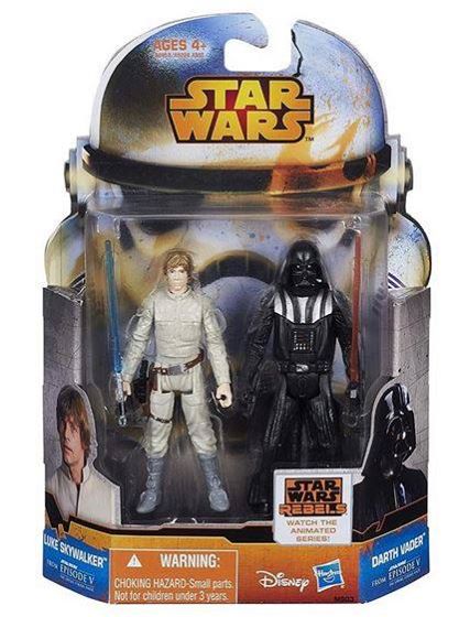 Star Wars action figures of Luke Skywalker and Darth Vader.
