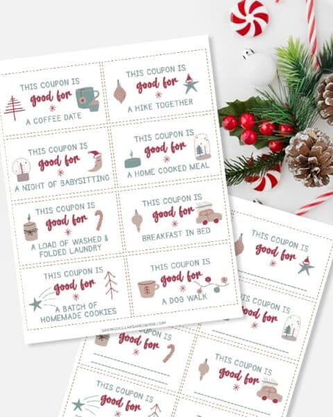 Free Christmas printable coupon book including service tasks like, "this coupon is good for a coffee date" and more.