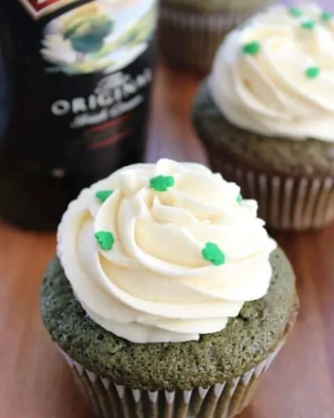 Green Velvet Cupcakes with Baileys Cream Cheese Frosting