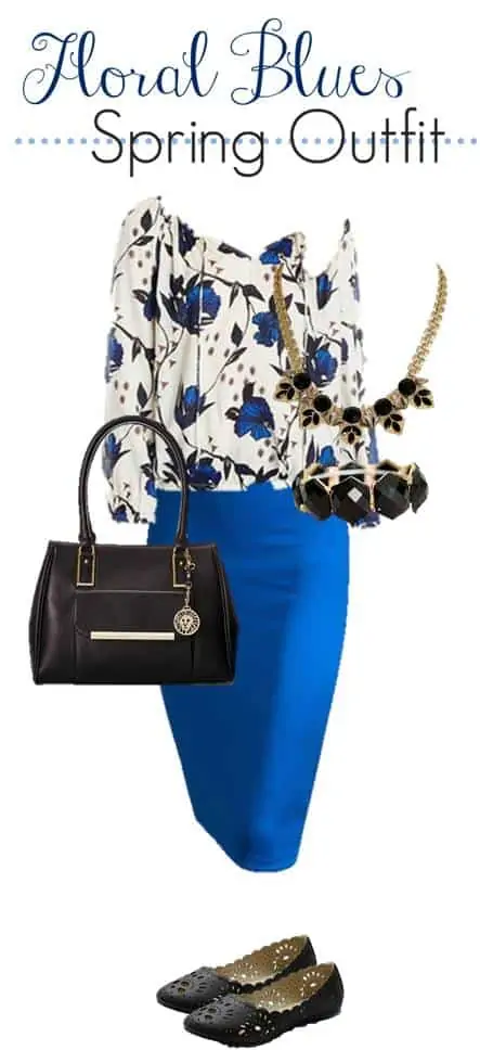 floral outfit that includes a blue pencil skirt, flower print blouse, black bag, flats and accesories
