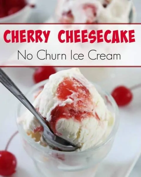 No Churn Cherry Cheesecake Ice Cream in a bowl with a spoon.