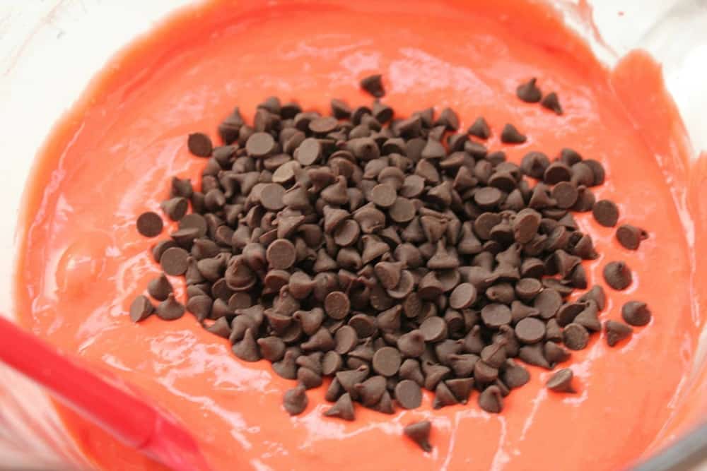 chocolate chips in cake batter.