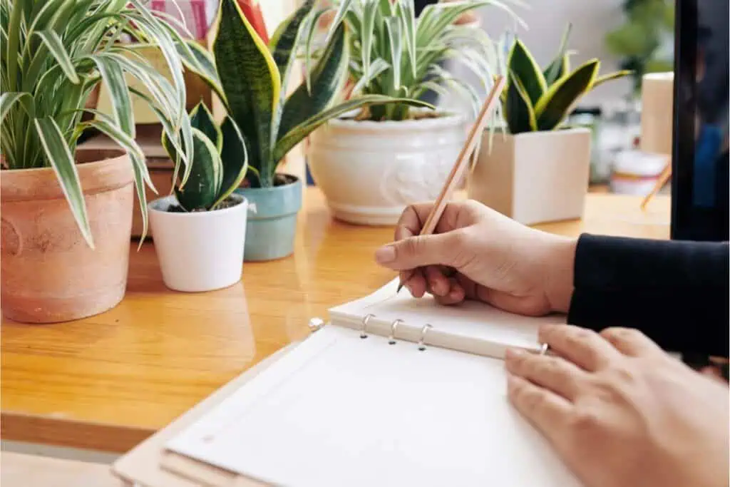 Amidst the lush greenery of potted plants, someone diligently crafts a 30-day meal plan rotation in their notebook, turning a wooden desk into a hub of culinary creativity.