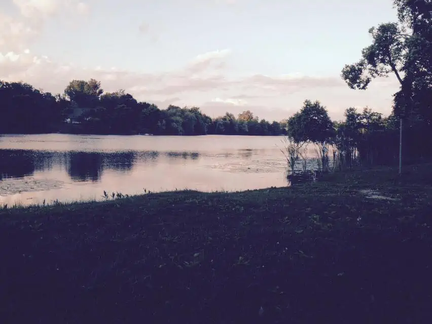 Sunrise next to a calm body of water.