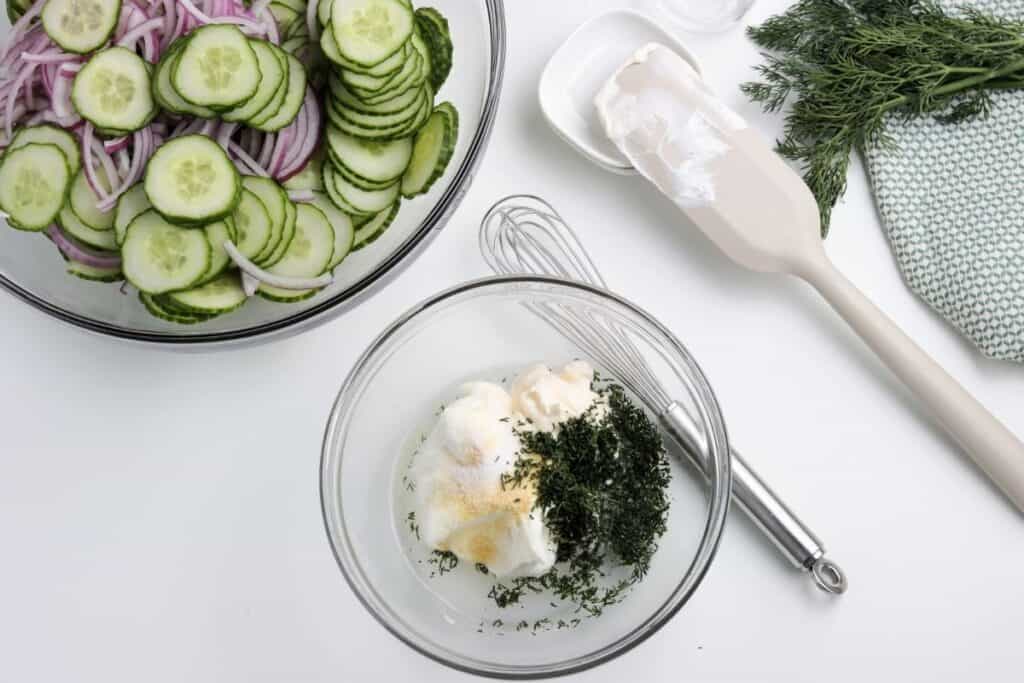 Mix ingredients for cucumber salad together for sauce.