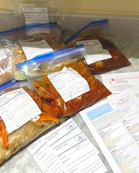 Gallon freezer bags with means and recipes ready for each dinner.