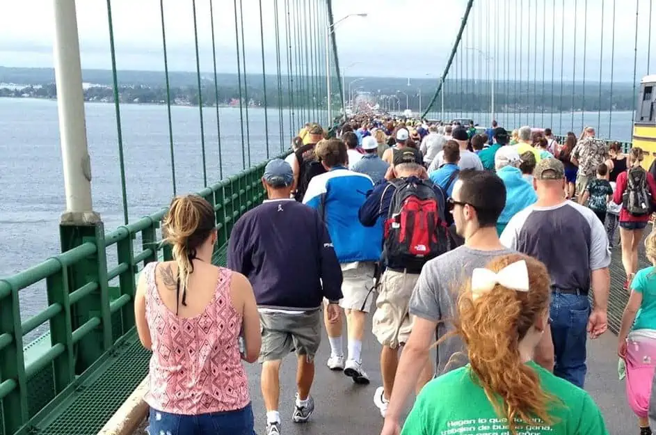 A group of people walking across the bridge over a large body of water.