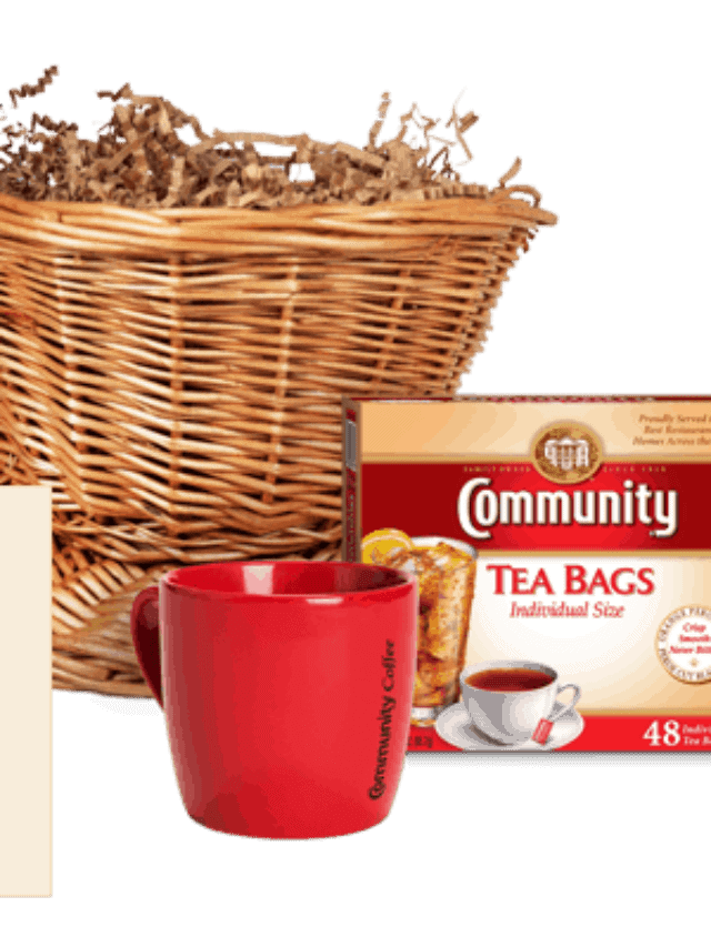 A red up with a basket and a Community Tea Bags for individual tea drinks.