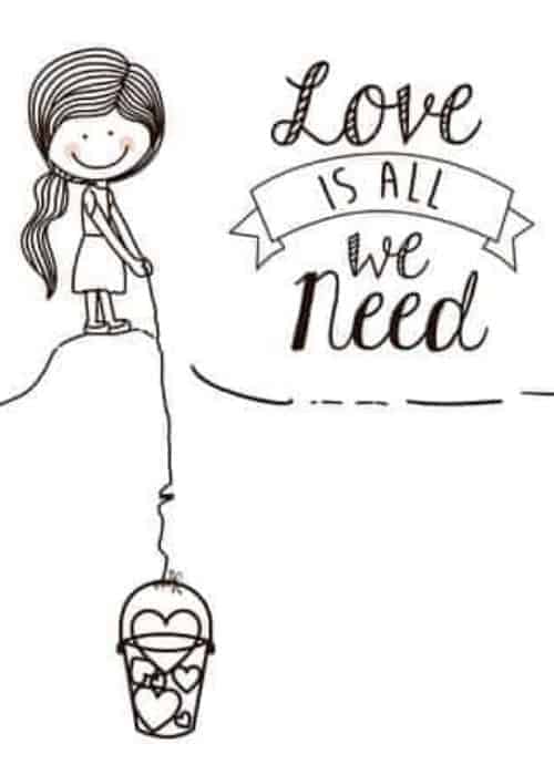 A cartoon of a little girl going fishing for a bucket of hearts to share love.