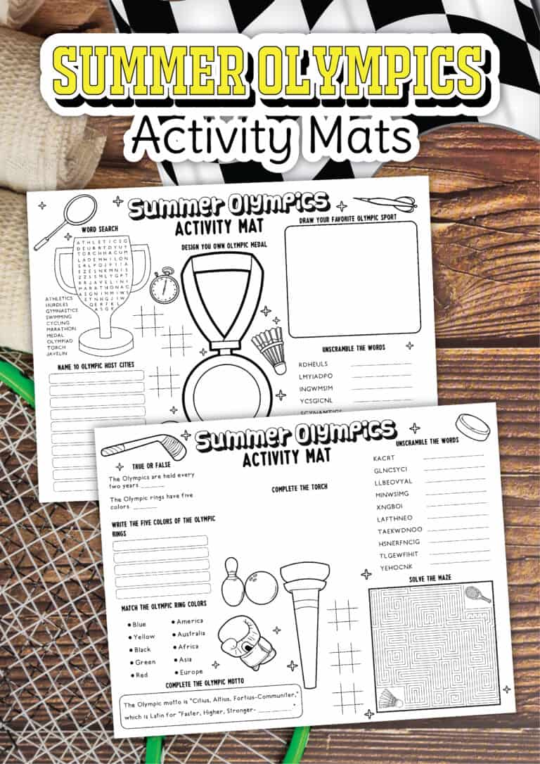 Two "Summer Olympics Activity Mats" for kids featuring puzzles, coloring sections, a word search, and word scramble tasks, displayed on a wooden surface with a racket partially visible. Plus, enjoy a FREE Personalized Olympic Coloring Sheet!