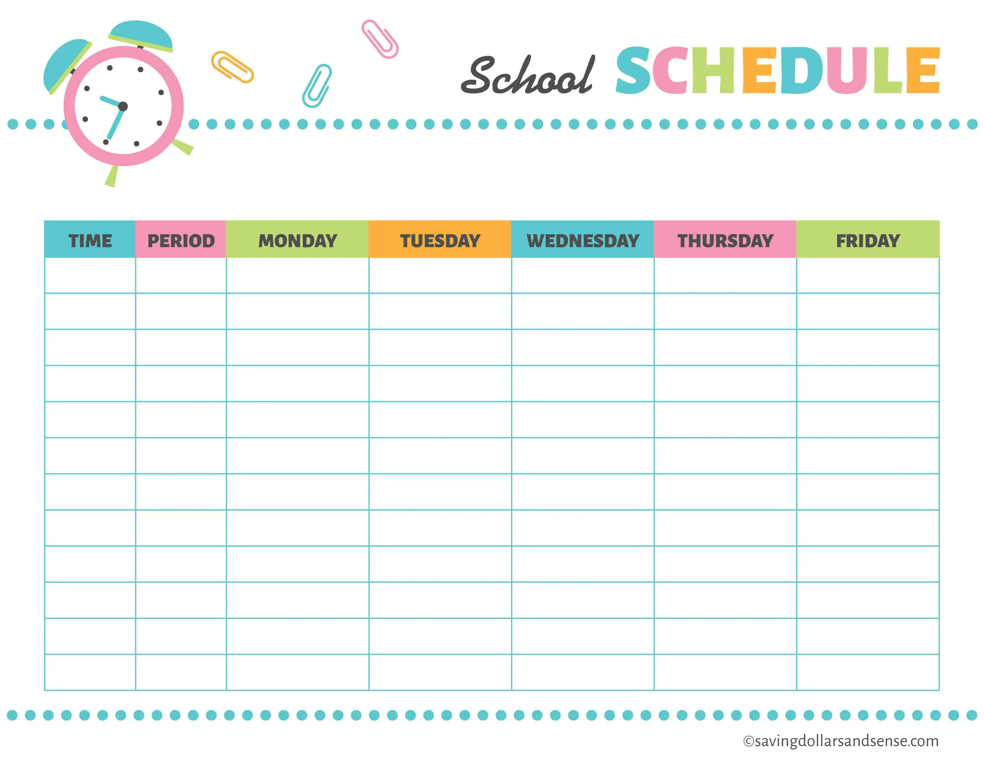 School schedule from the Printable School Planning Kit