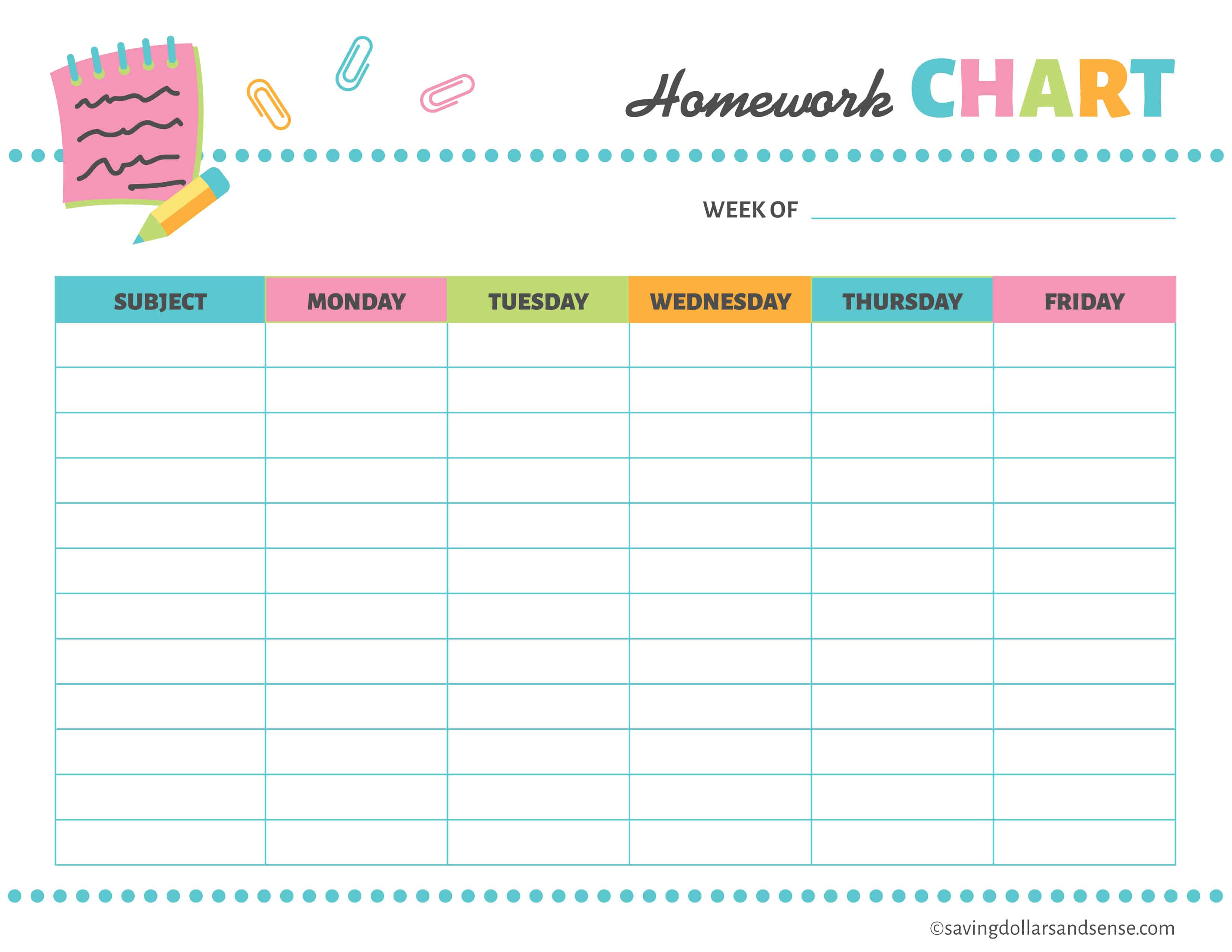 Homework chart from the Printable School Planning Kit