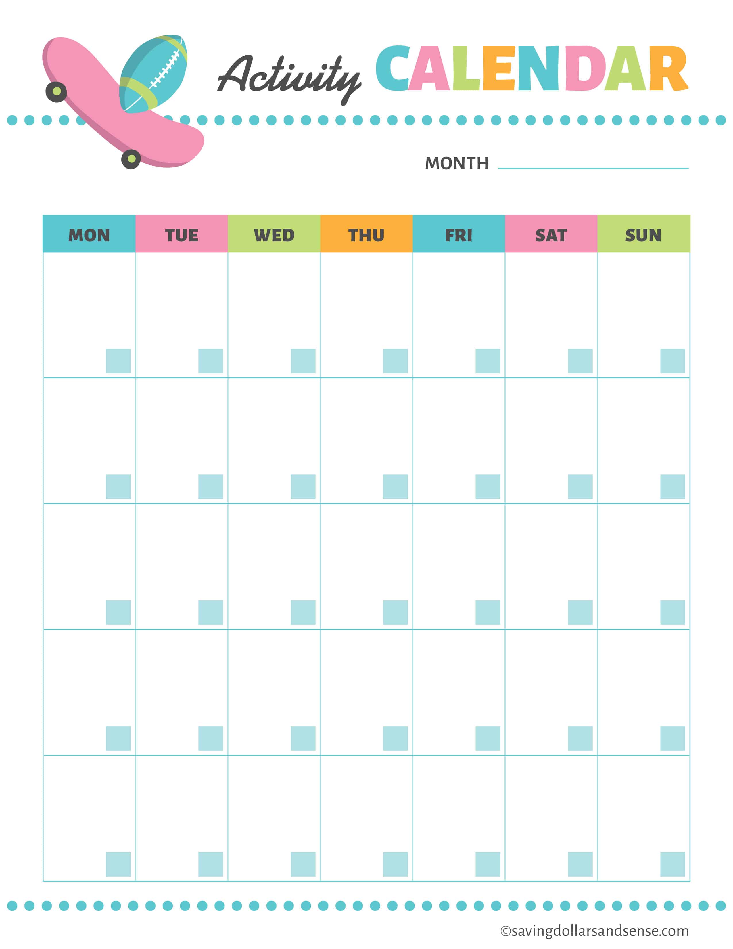Activity calendar from the Printable School Planning Kit