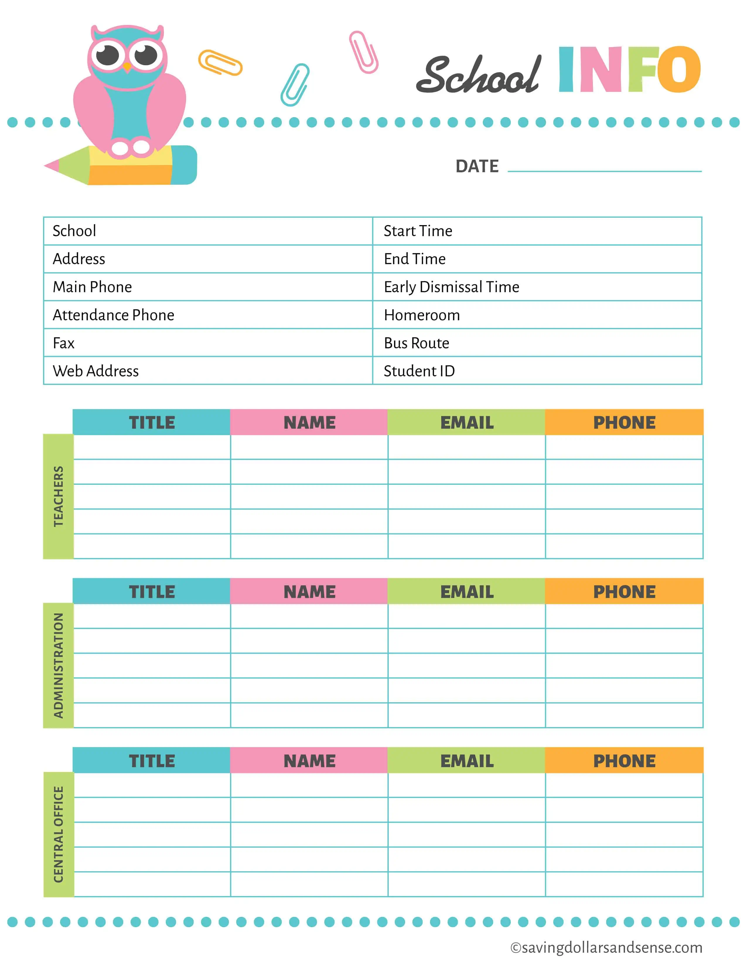 Printable School Planning Kit with school information 