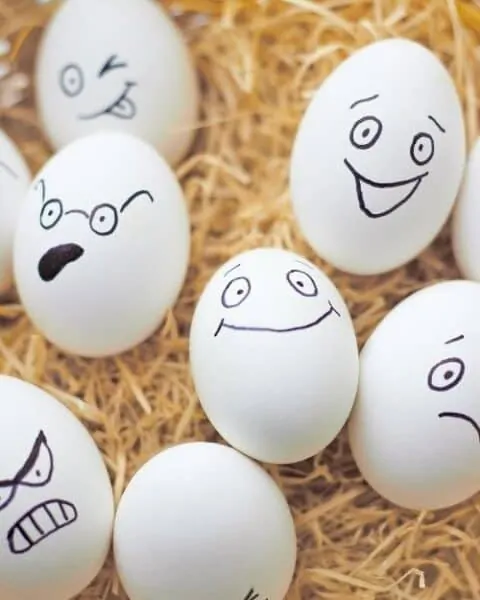 Eggs with a variety of emotional faces on the shell.