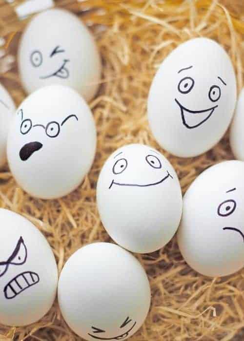 Eggs with a variety of emotional faces on the shell.