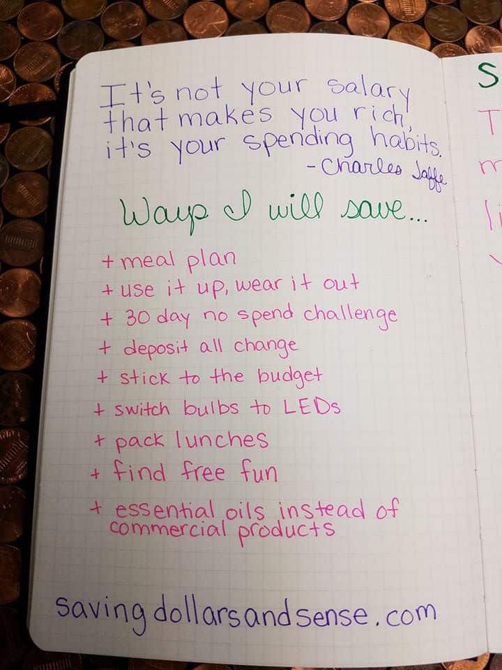 A list of ways to save money written and drawn in a bullet journal.