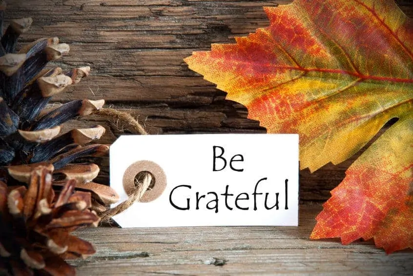 autumnal background with a label with be grateful on it