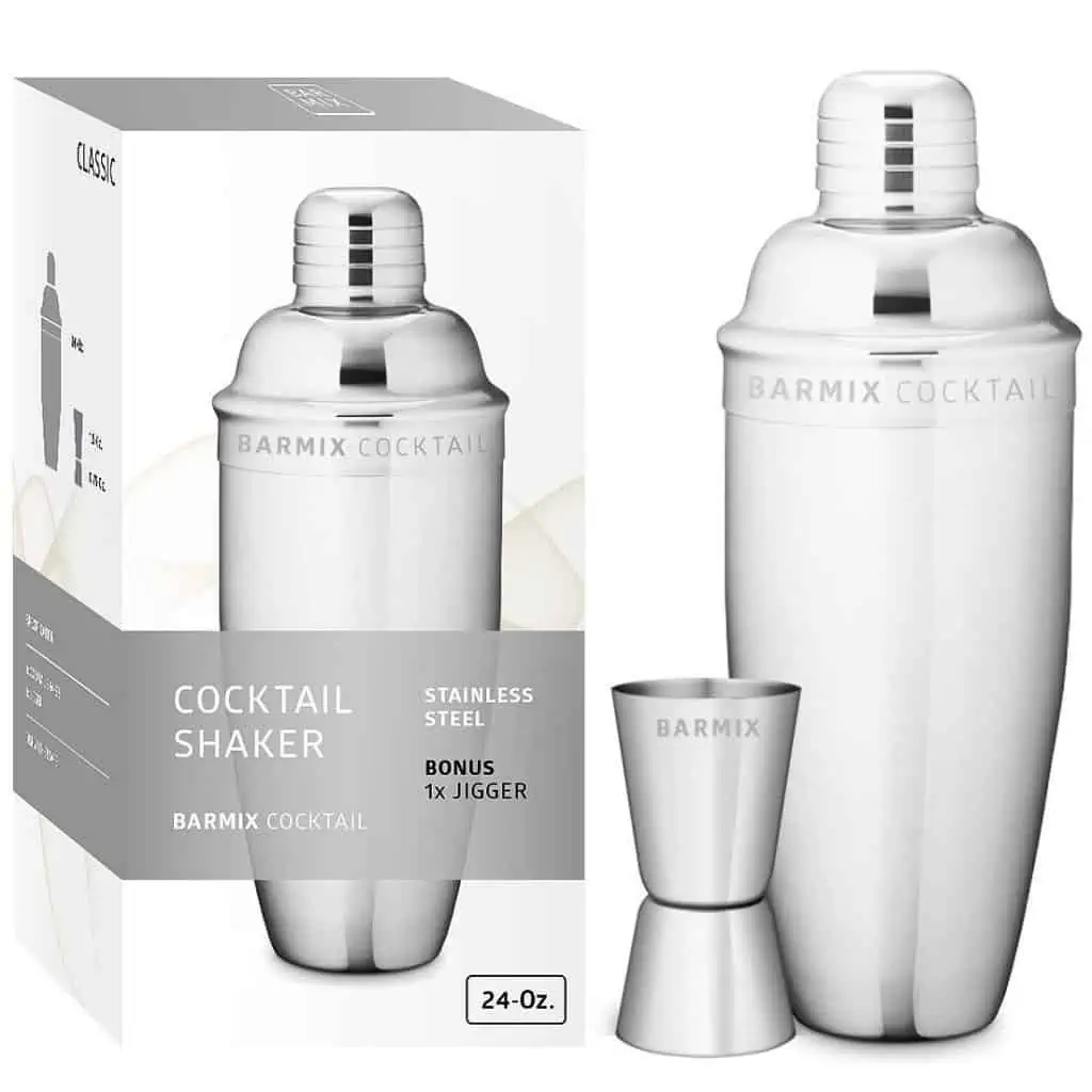 Barmix cocktail shaker 24 ounce, stainless steel, jigger included.
