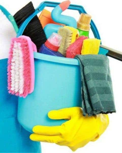person holding a bucket filled with cleaning supplies