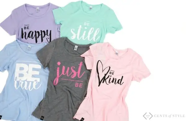 Assortment of female shirts with motivational sayings.