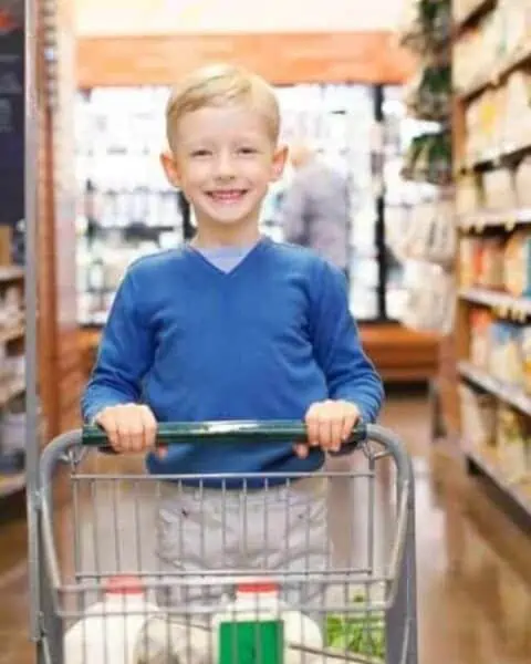 A small boy in a grocery store pushing a cart with milk, eggs, and food.