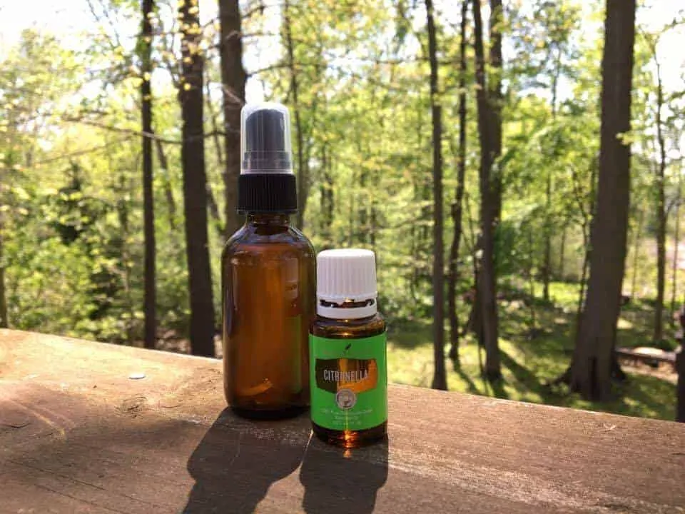 A close up of a bottle next to a forest