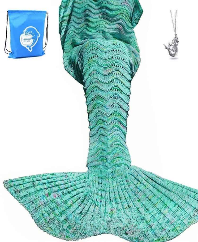 Crocheted mermaid tail blanket.