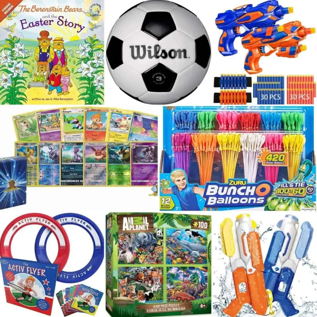 Pokemon cards, bunch-o-balloons, Activ flyer, Animal planet puzzles, and water guns.