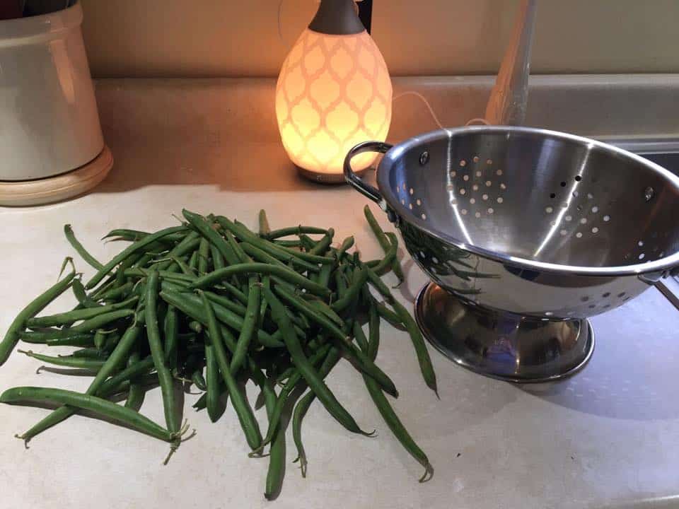 A pot of food on a table, with Green bean