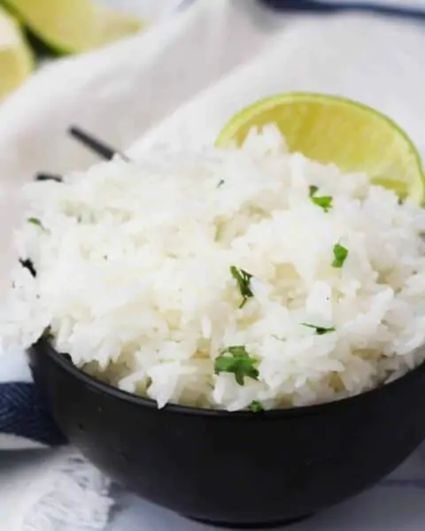 Closeup of bowl with cilantro lime rice.