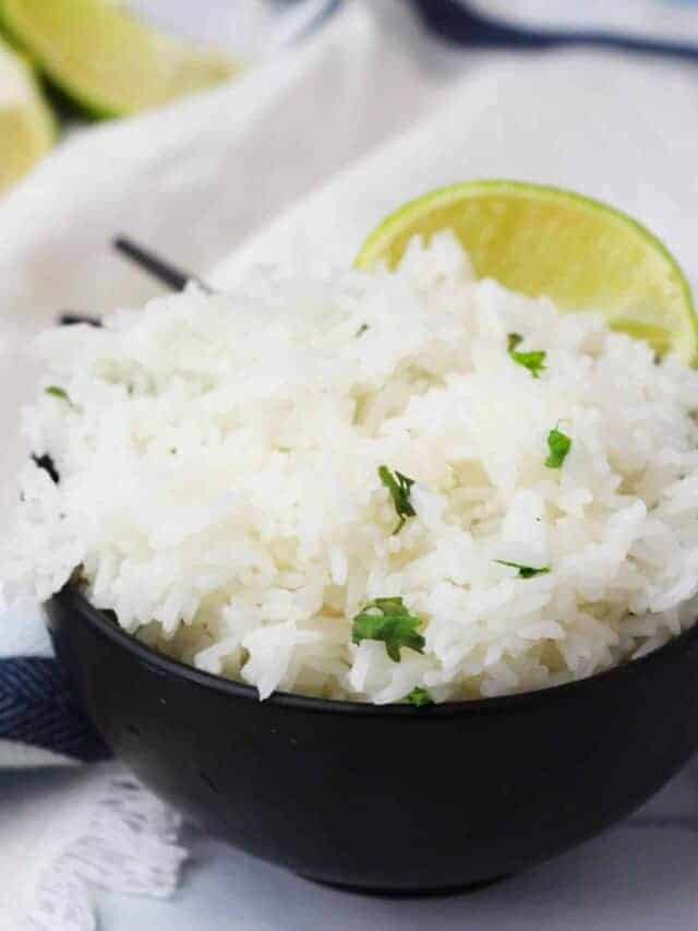 Closeup of bowl with cilantro lime rice.