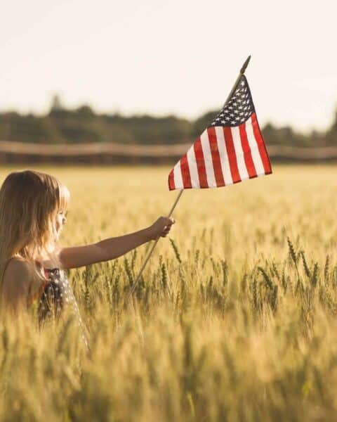 A little girl holding a small flag of the USA.